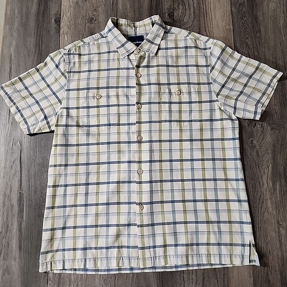 Tommy Bahama Camp Shirt Men Large White Blue Keep It In Check Island Zone Hawaii
